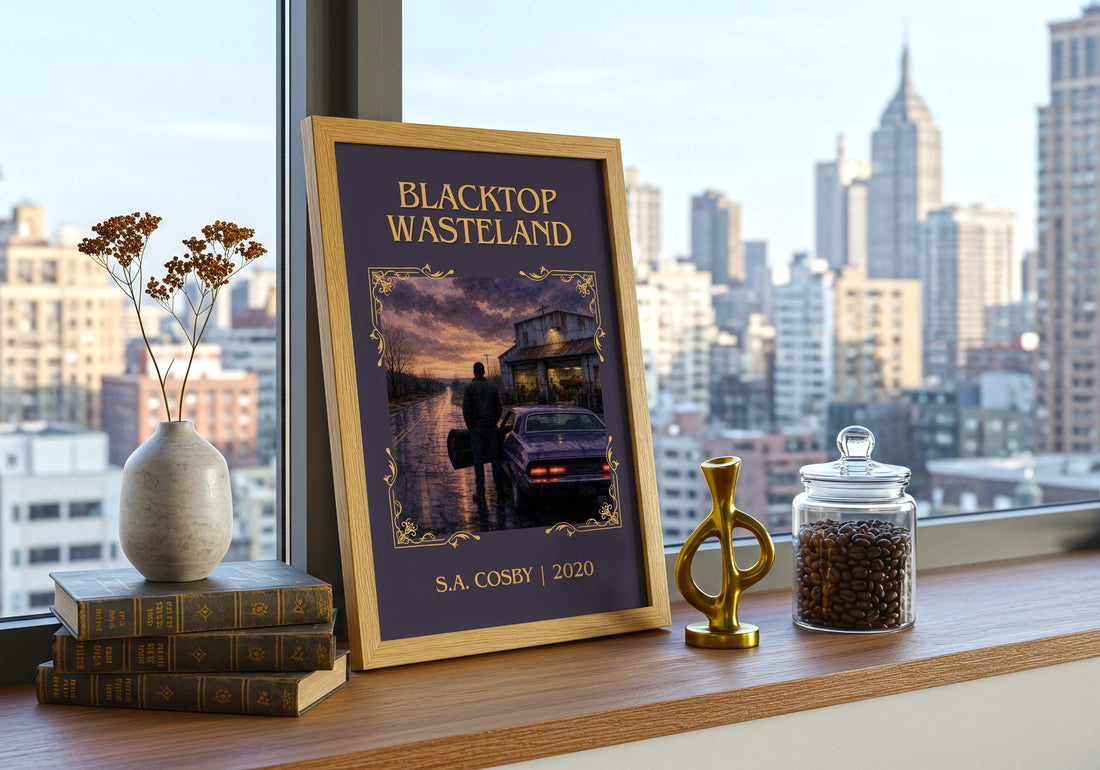 Blacktop Wasteland Classic Book Art Print by S.A. Cosby – framed print on a city-view windowsill