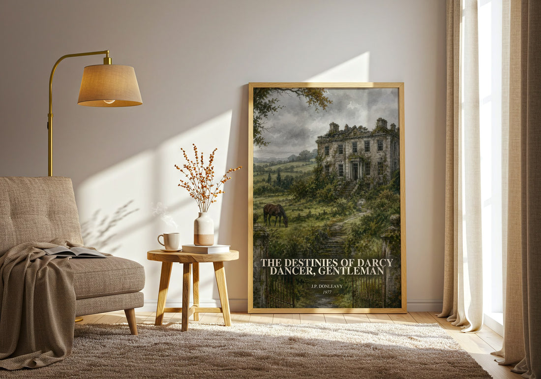 The Destinies Of Darcy Dancer, Gentleman watercolour print in frame leaning in hallway – literary fiction wall art (mockup)