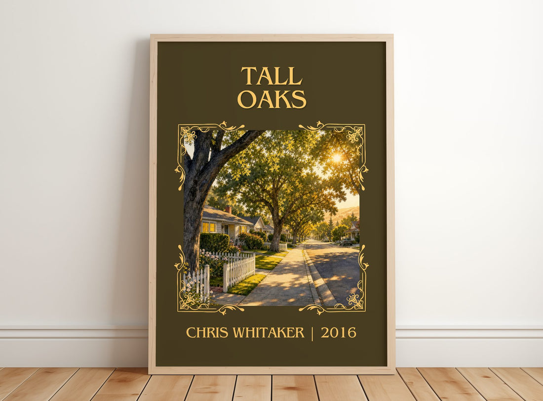 Tall Oaks Classic Book Art Print by Chris Whitaker – framed print leaning on a wooden floor
