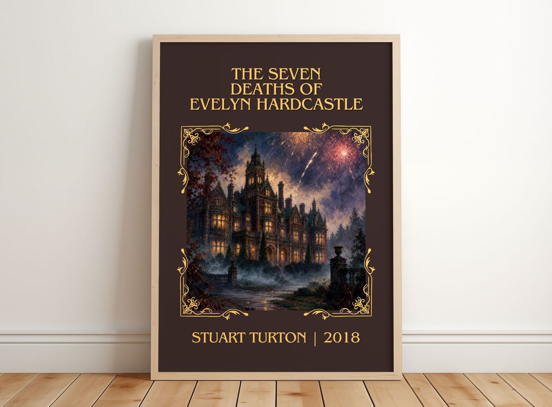 Seven Deaths of Evelyn Hardcastle Classic Book Art Print by S. Turton – framed print leaning on a wooden floor