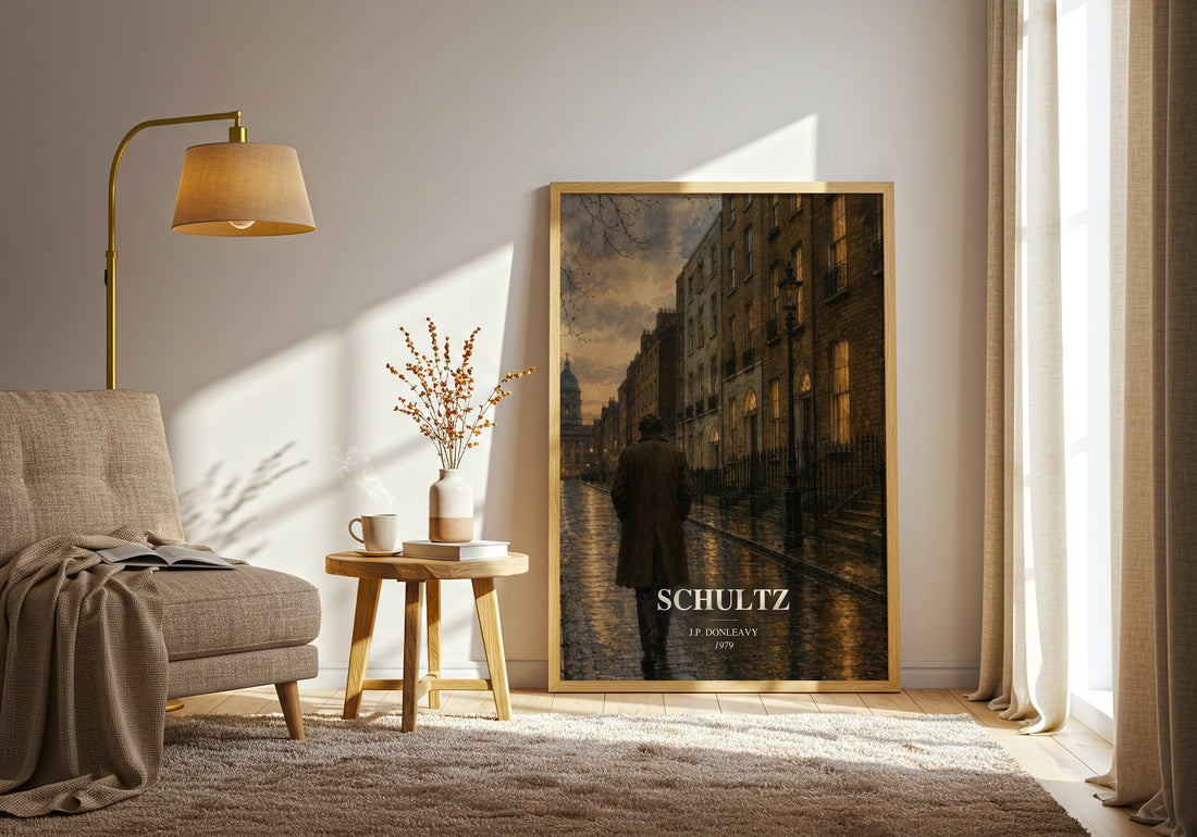 Schultz watercolour print in frame leaning in hallway – satire wall art (mockup)