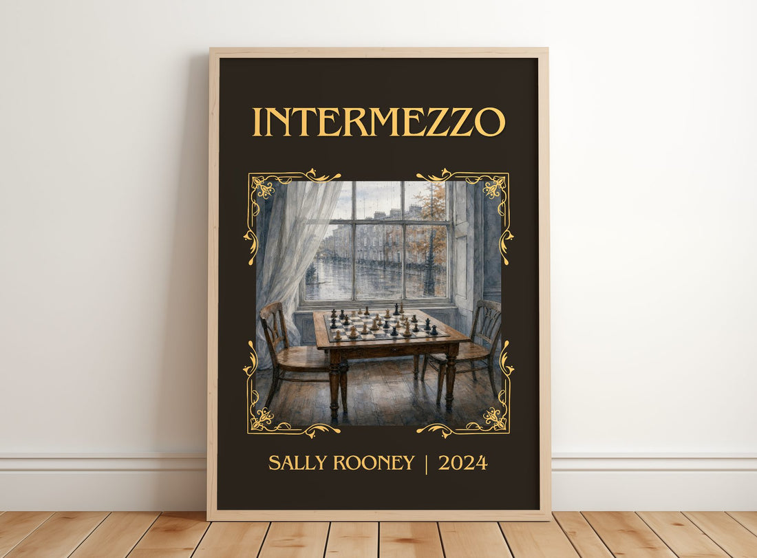 Intermezzo Classic Book Art Print by Sally Rooney – framed print leaning on a wooden floor