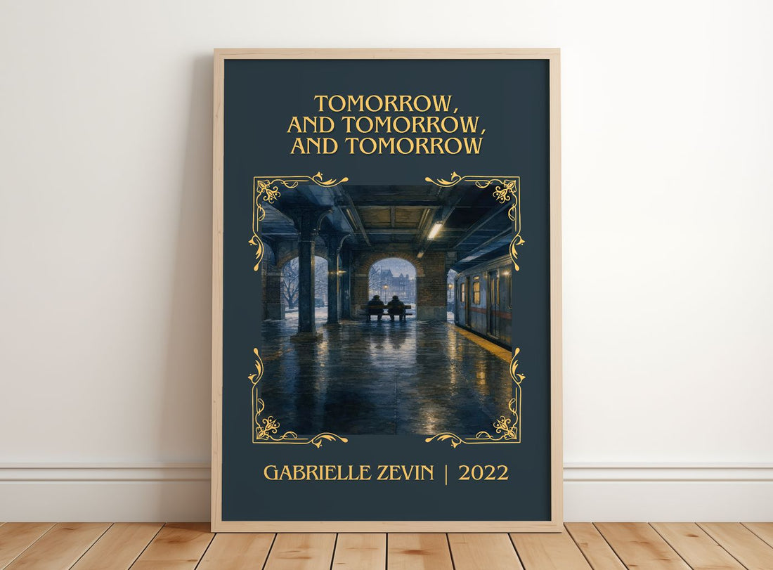 Tomorrow, and Tomorrow, and Tomorrow Classic Book Art Print by Gabrielle Zevin – framed print leaning on a wooden floor