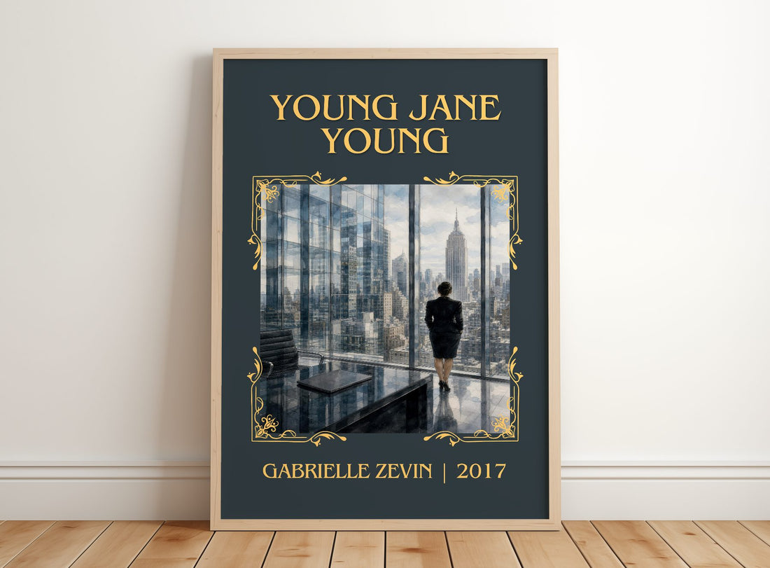 Young Jane Young Classic Book Art Print by Gabrielle Zevin – framed print leaning on a wooden floor