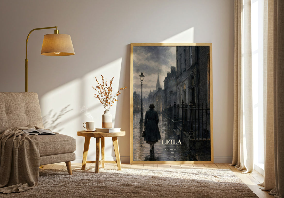 Leila watercolour print in frame leaning in hallway – literary fiction wall art (mockup)