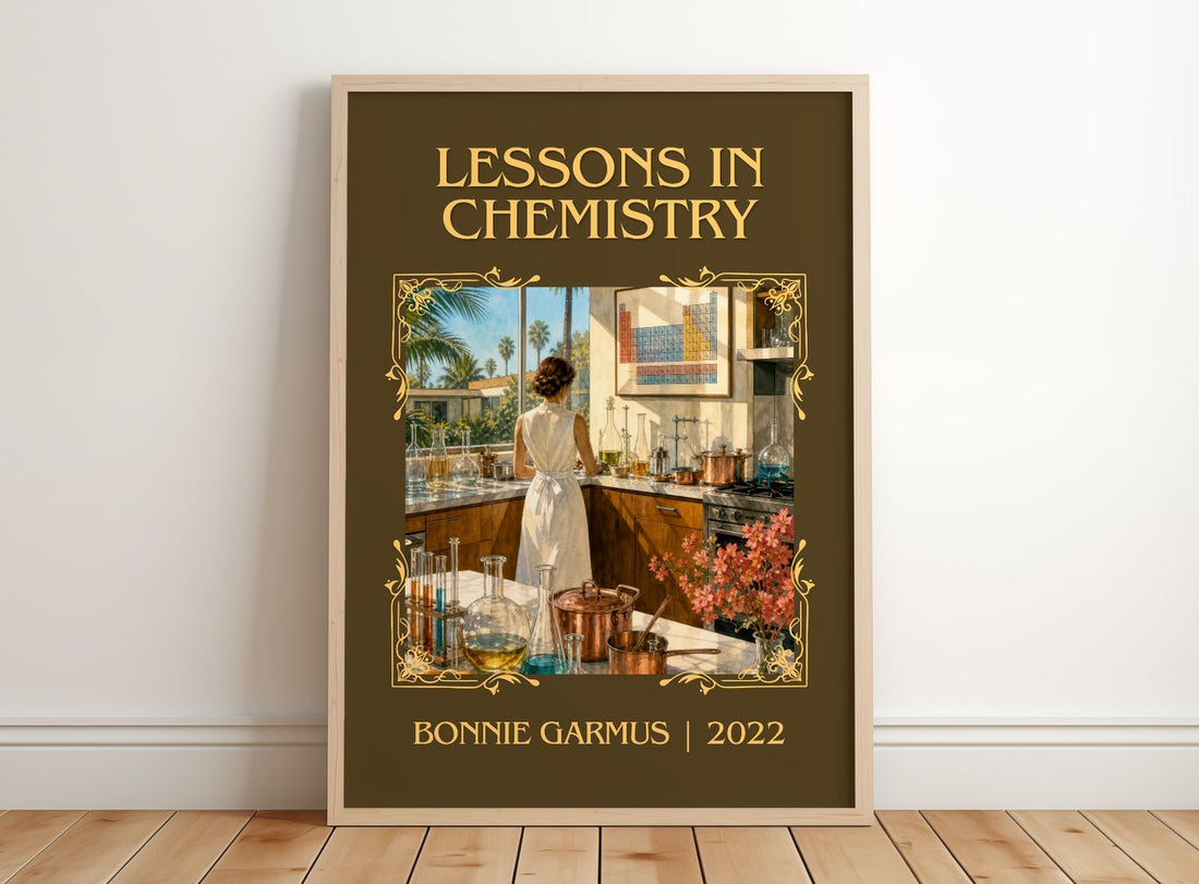 Lessons in Chemistry Classic Book Art Print by Bonnie Garmus – framed print leaning on a wooden floor