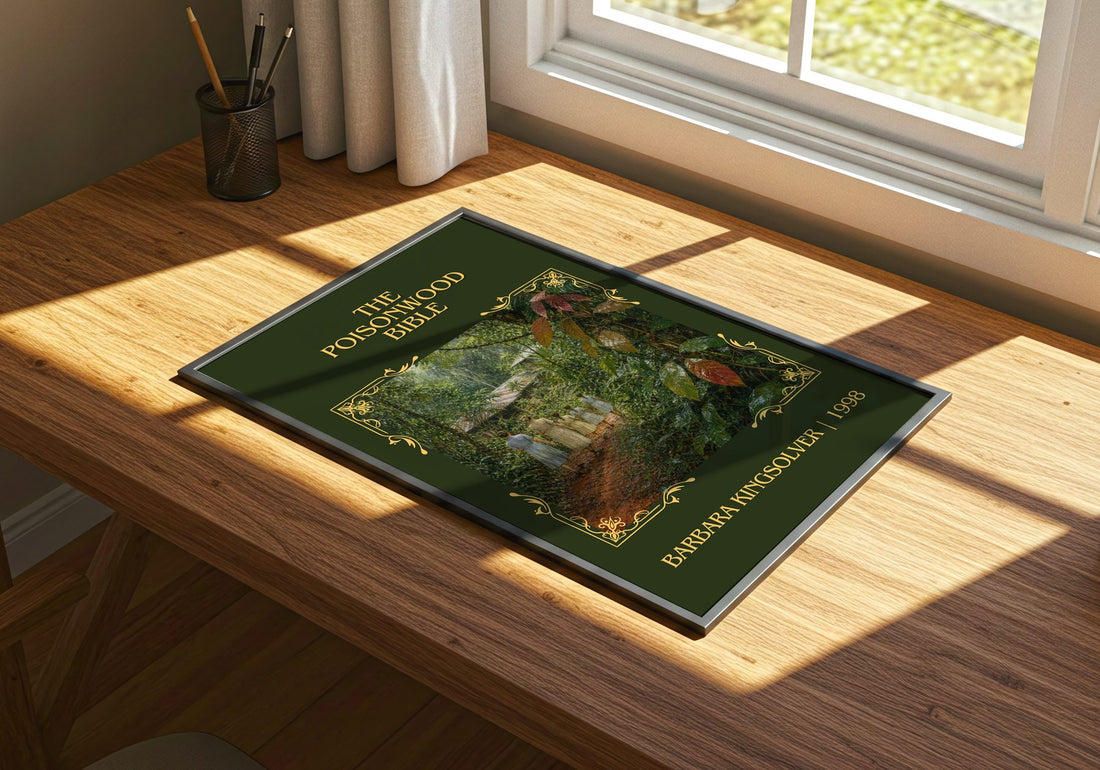 The Poisonwood Bible Classic Book Art Print by Barbara Kingsolver – print on a sunlit desk