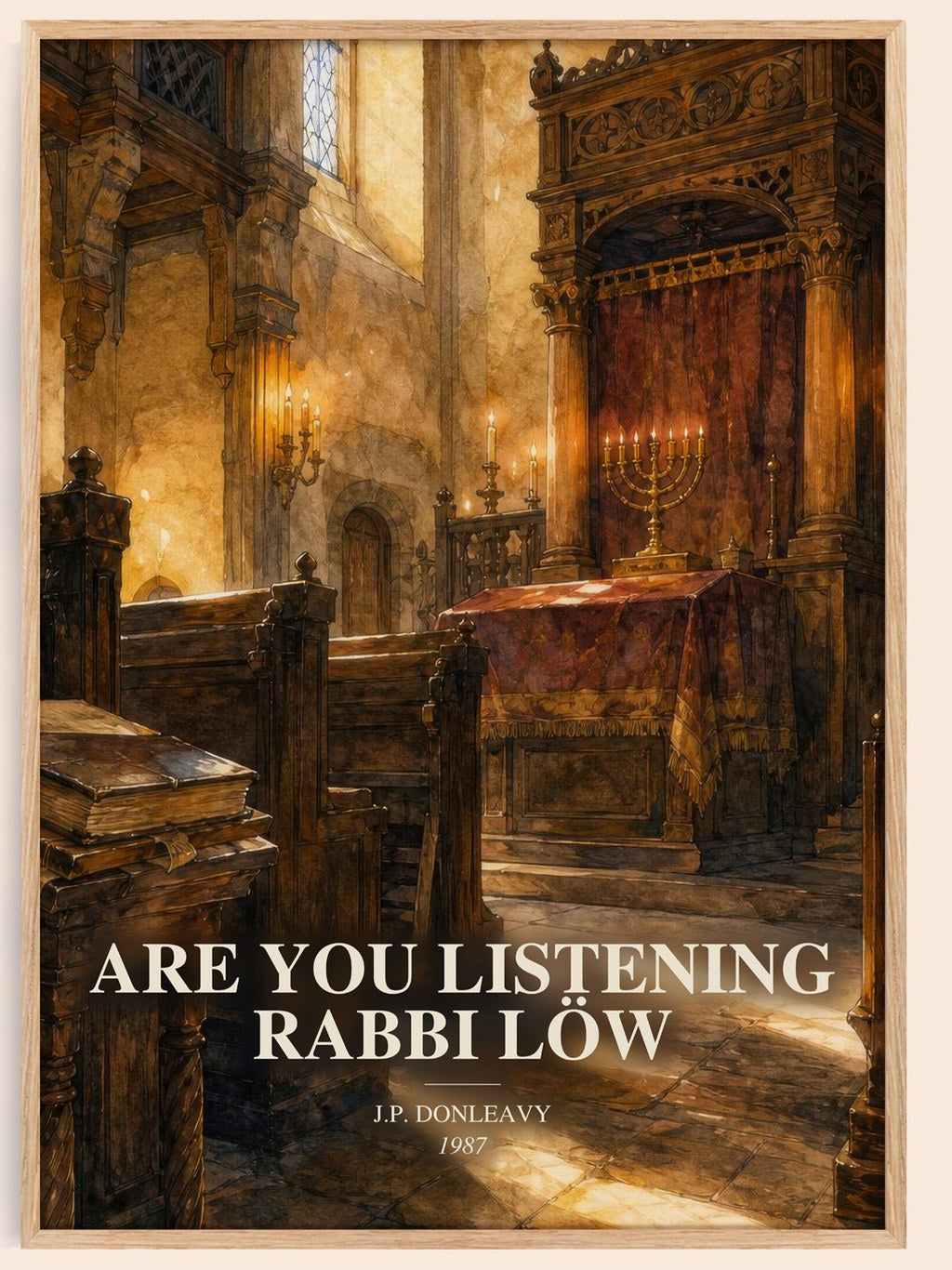 Are You Listening Rabbi Löw watercolour book poster by J.P. Donleavy – framed literary art print