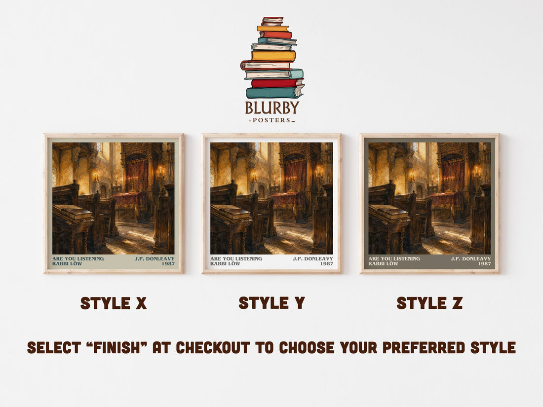 Are You Listening Rabbi Löw literary print in frame leaning in hallway – literary fiction wall art (mockup)