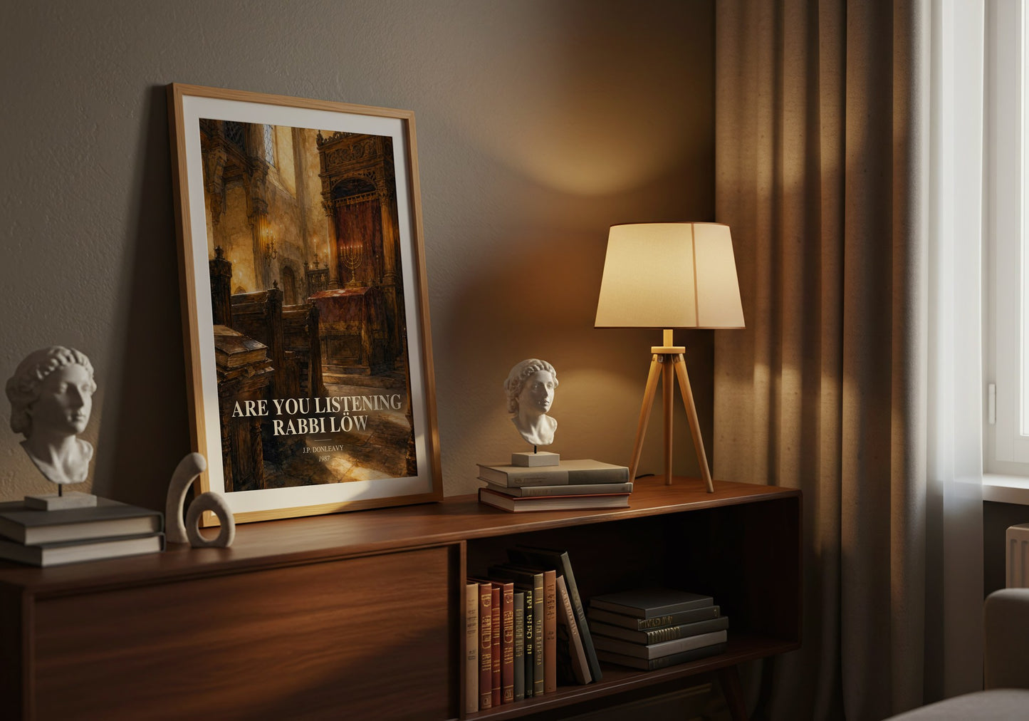 Are You Listening Rabbi Löw watercolour print on bookshelf – J.P. Donleavy fan gift