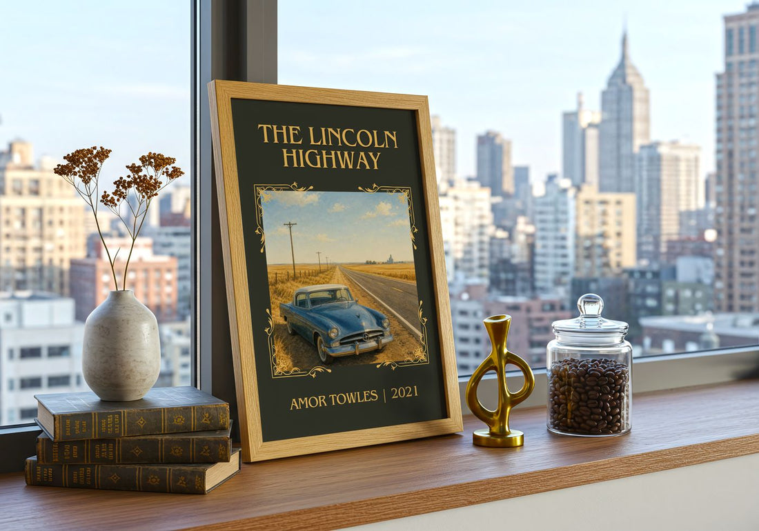The Lincoln Highway Classic Book Art Print by Amor Towles – framed print on a city-view windowsill