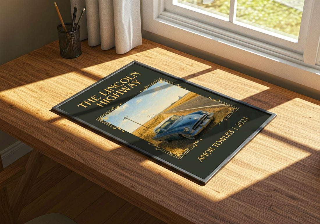 The Lincoln Highway Classic Book Art Print by Amor Towles – print on a sunlit desk