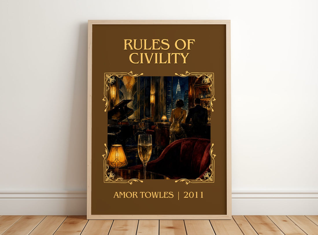 Rules of Civility Classic Book Art Print by Amor Towles – framed print leaning on a wooden floor