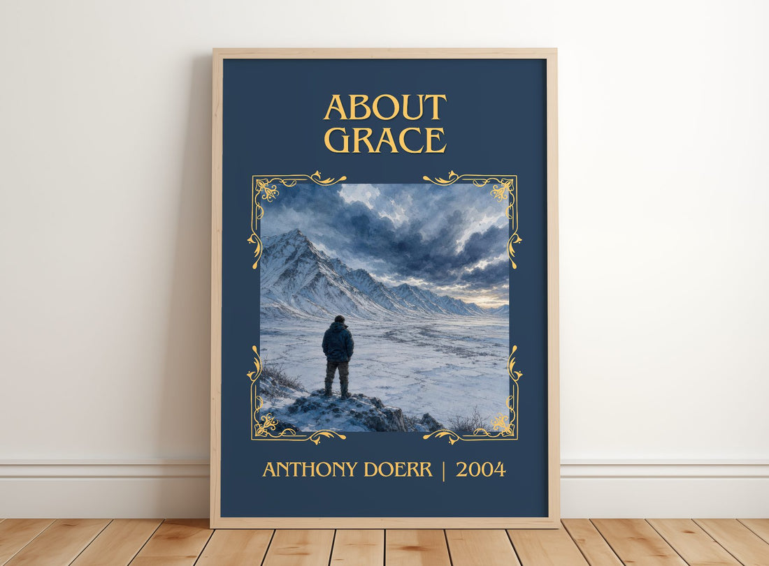 About Grace Classic Book Art Print by Anthony Doerr – framed print leaning on a wooden floor