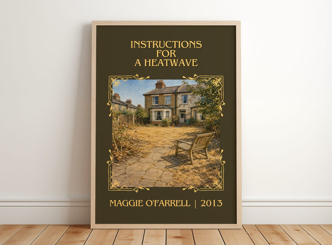 Instructions for a Heatwave Classic Book Art Print by Maggie O'Farrell – framed print leaning on a wooden floor