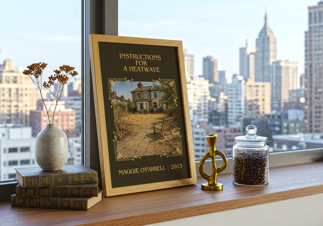 Instructions for a Heatwave Classic Book Art Print by Maggie O'Farrell – framed print on a city-view windowsill