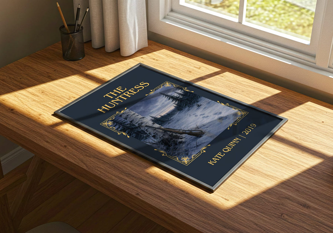 The Huntress Classic Book Art Print by Kate Quinn – print on a sunlit desk