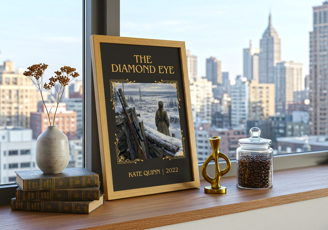 The Diamond Eye Classic Book Art Print by Kate Quinn – framed print on a city-view windowsill