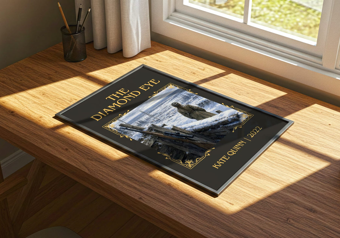 The Diamond Eye Classic Book Art Print by Kate Quinn – print on a sunlit desk