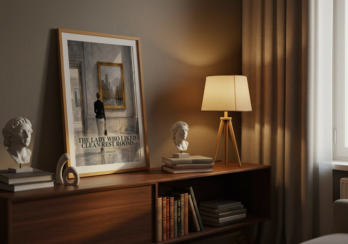 The Lady Who Liked Clean Rest Rooms watercolour print on bookshelf – J.P. Donleavy fan gift