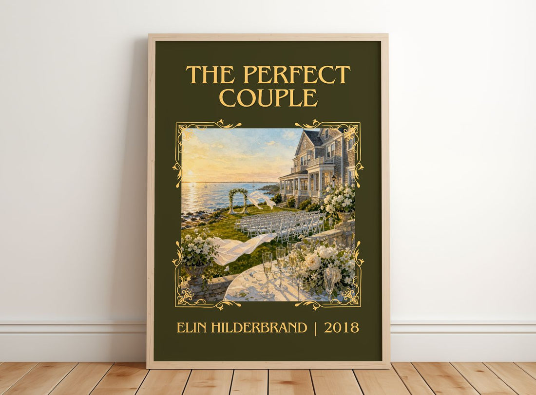 The Perfect Couple Classic Book Art Print by Elin Hilderbrand – framed print leaning on a wooden floor