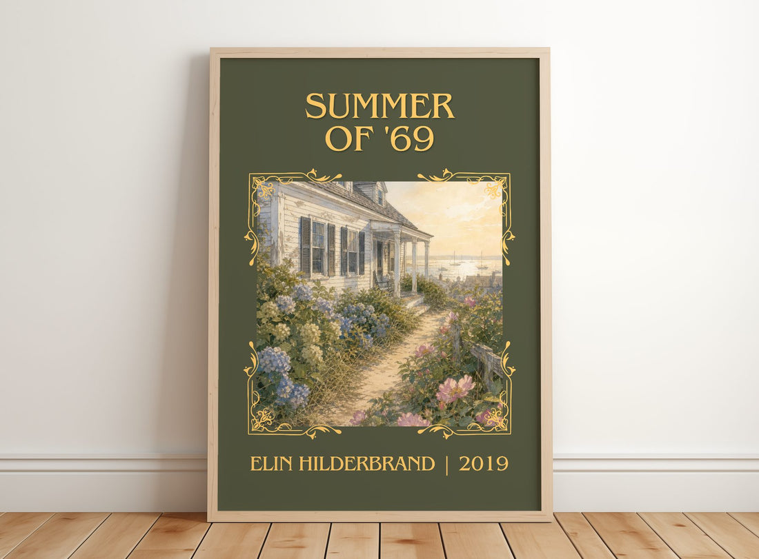 Summer of '69 Classic Book Art Print by Elin Hilderbrand – framed print leaning on a wooden floor