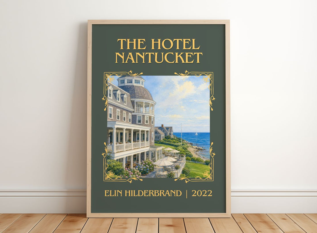 The Hotel Nantucket Classic Book Art Print by Elin Hilderbrand – framed print leaning on a wooden floor