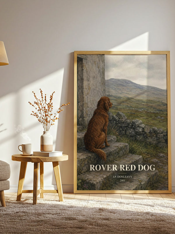 Rover Red Dog watercolour print in frame leaning in hallway – literary fiction wall art
