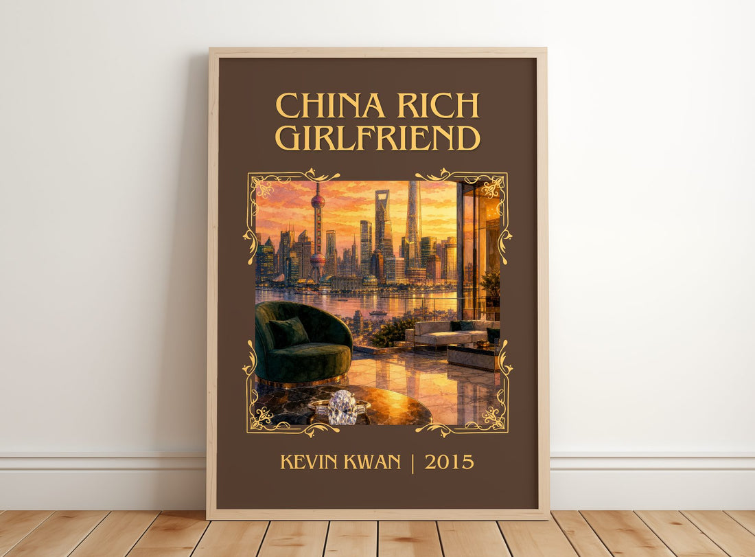 China Rich Girlfriend Classic Book Art Print by Kevin Kwan – framed print leaning on a wooden floor