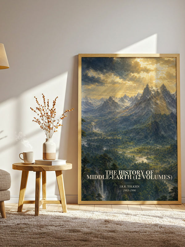 The History Of Middle-Earth (12 Volumes) watercolour print in frame leaning in hallway – fantasy wall art