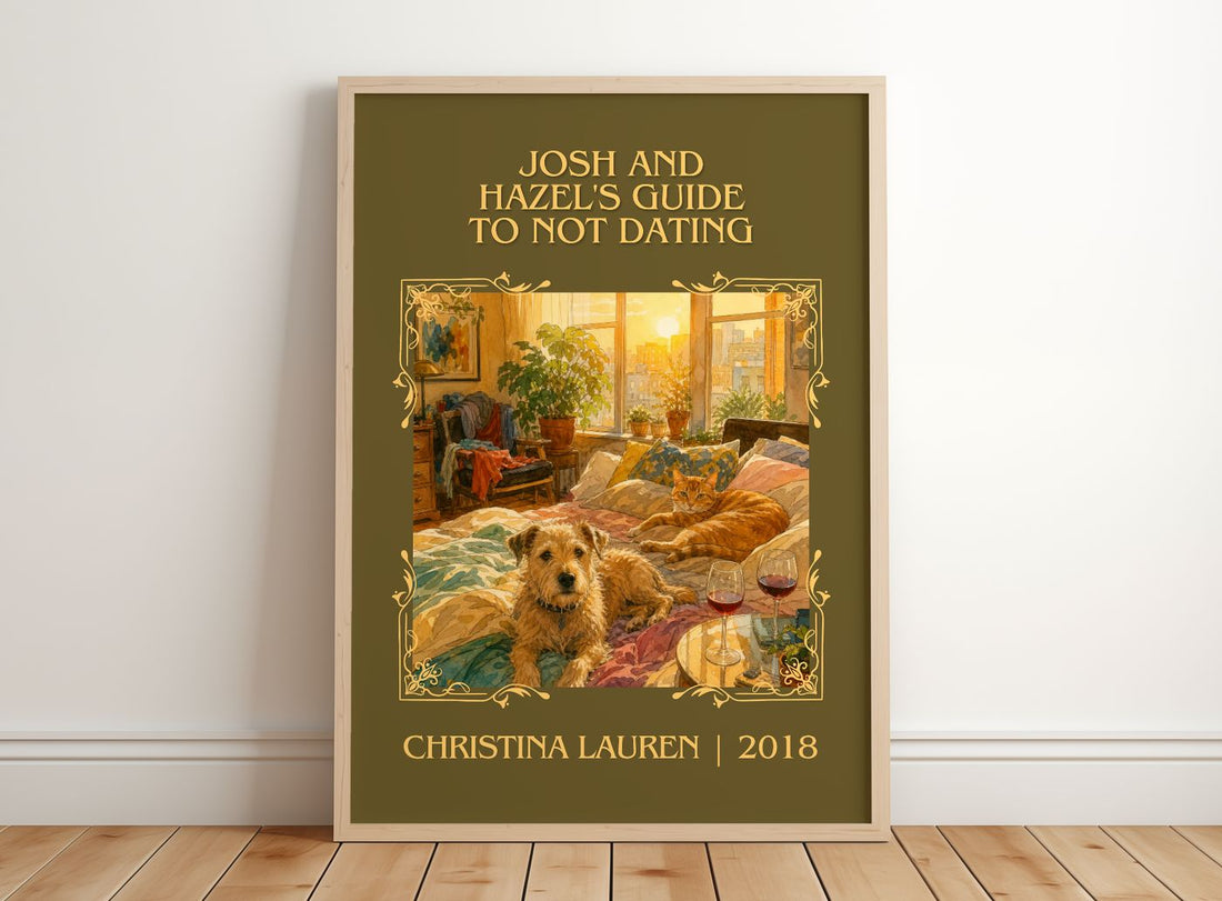 Josh and Hazel's Guide to Not Dating Classic Book Art Print by Christina Lauren – framed print leaning on a wooden floor