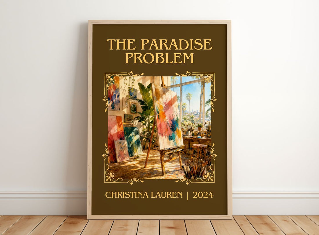 The Paradise Problem Classic Book Art Print by Christina Lauren – framed print leaning on a wooden floor