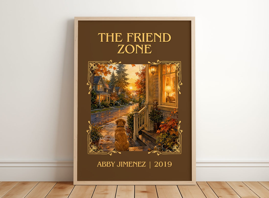 The Friend Zone Classic Book Art Print by Abby Jimenez – framed print leaning on a wooden floor