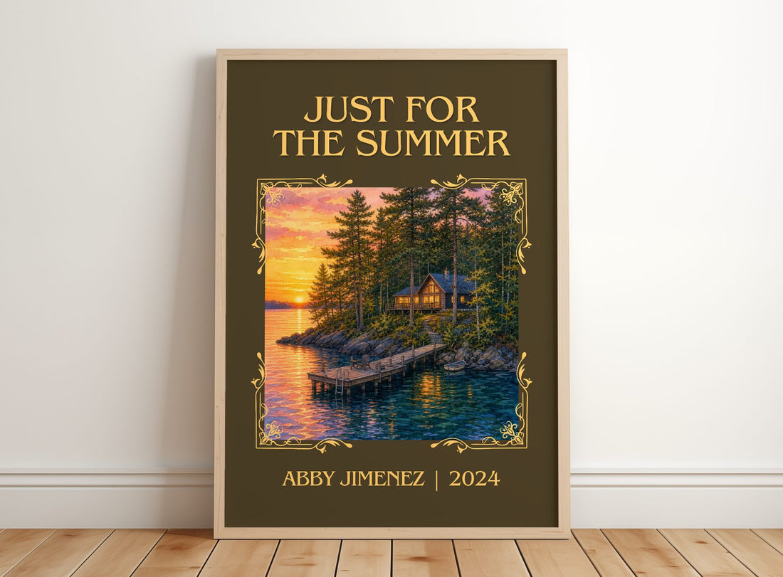 Just for the Summer Classic Book Art Print by Abby Jimenez – framed print leaning on a wooden floor