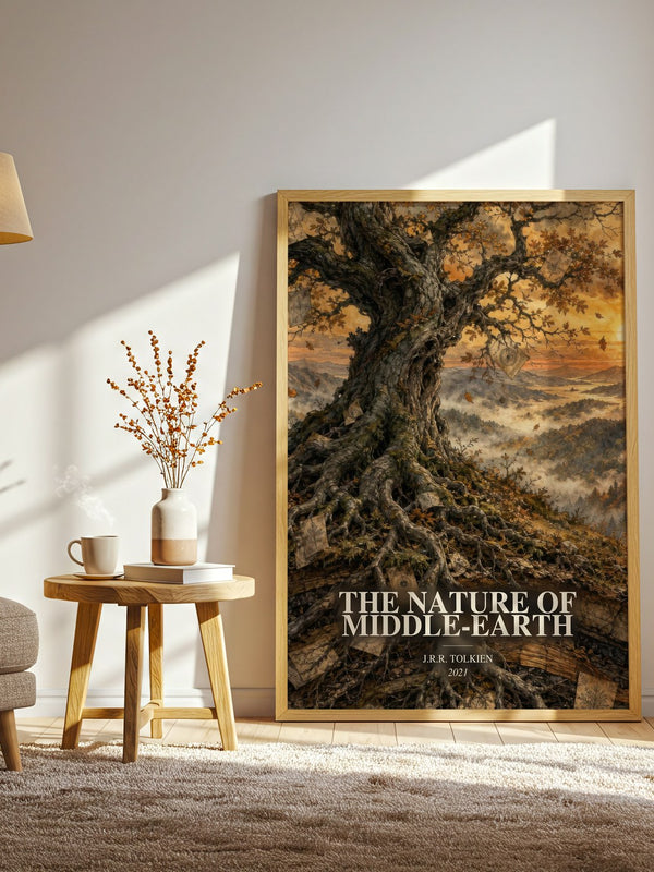 The Nature Of Middle-Earth watercolour print in frame leaning in hallway – fantasy wall art