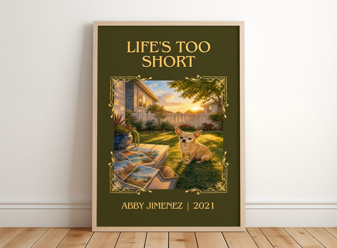 Life's Too Short Classic Book Art Print by Abby Jimenez – framed print leaning on a wooden floor