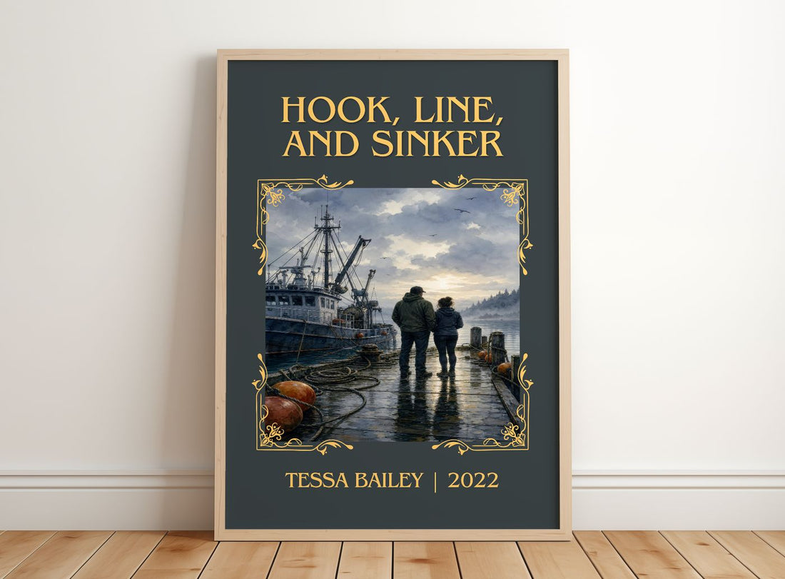 Hook, Line, and Sinker Classic Book Art Print by Tessa Bailey – framed print leaning on a wooden floor