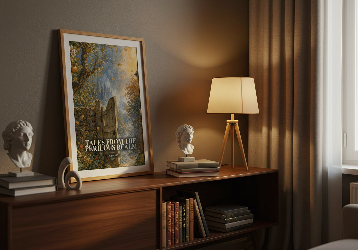 Tales From The Perilous Realm watercolour print on bookshelf – J.R.R. Tolkien fan gift