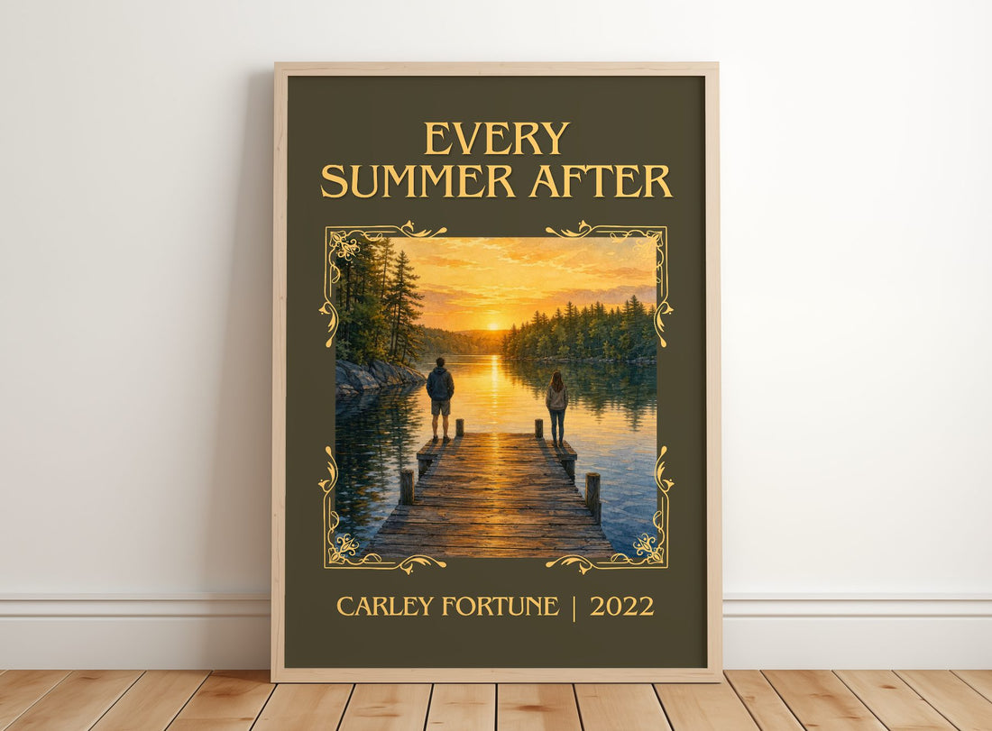 Every Summer After Classic Book Art Print by Carley Fortune – framed print leaning on a wooden floor