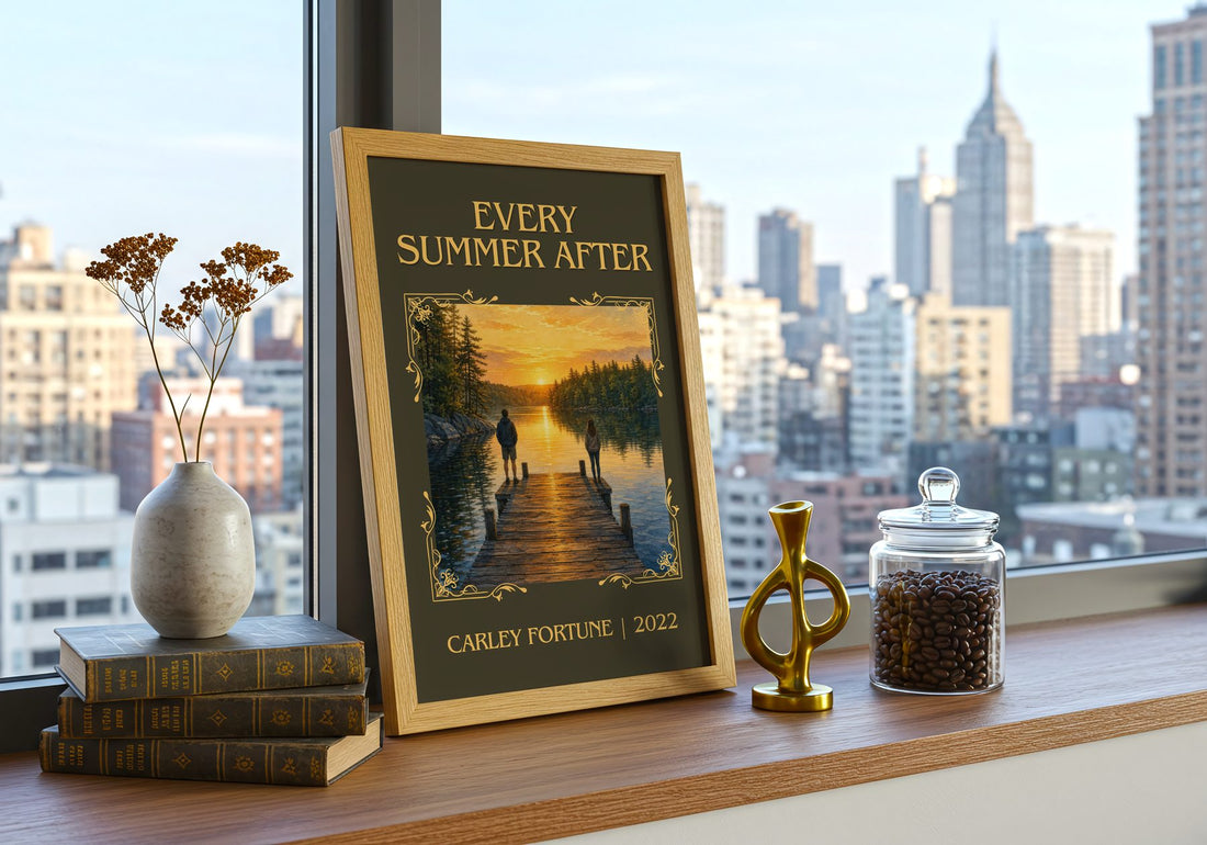 Every Summer After Classic Book Art Print by Carley Fortune – framed print on a city-view windowsill