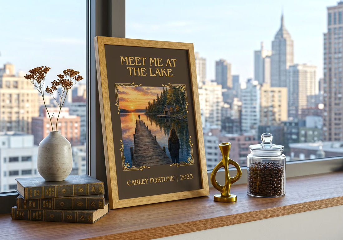 Meet Me at the Lake Classic Book Art Print by Carley Fortune – framed print on a city-view windowsill