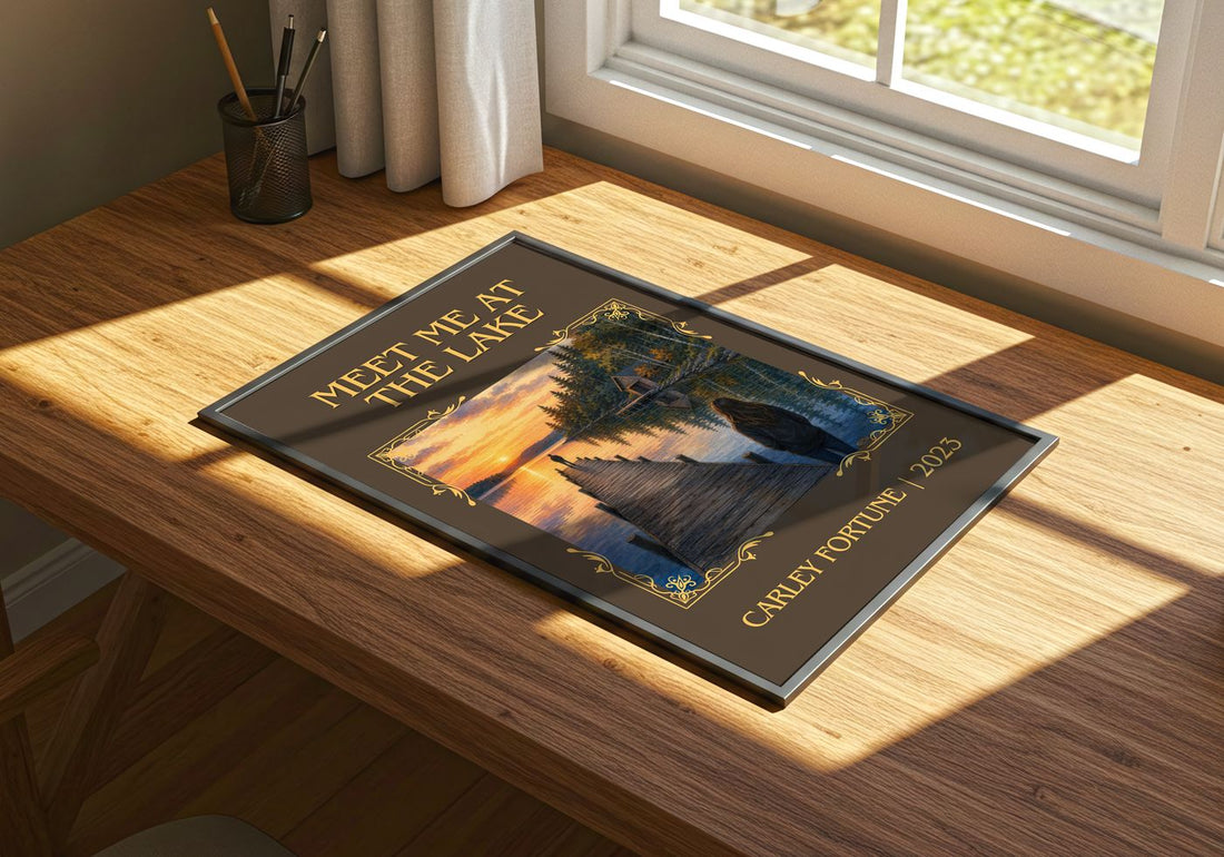 Meet Me at the Lake Classic Book Art Print by Carley Fortune – print on a sunlit desk