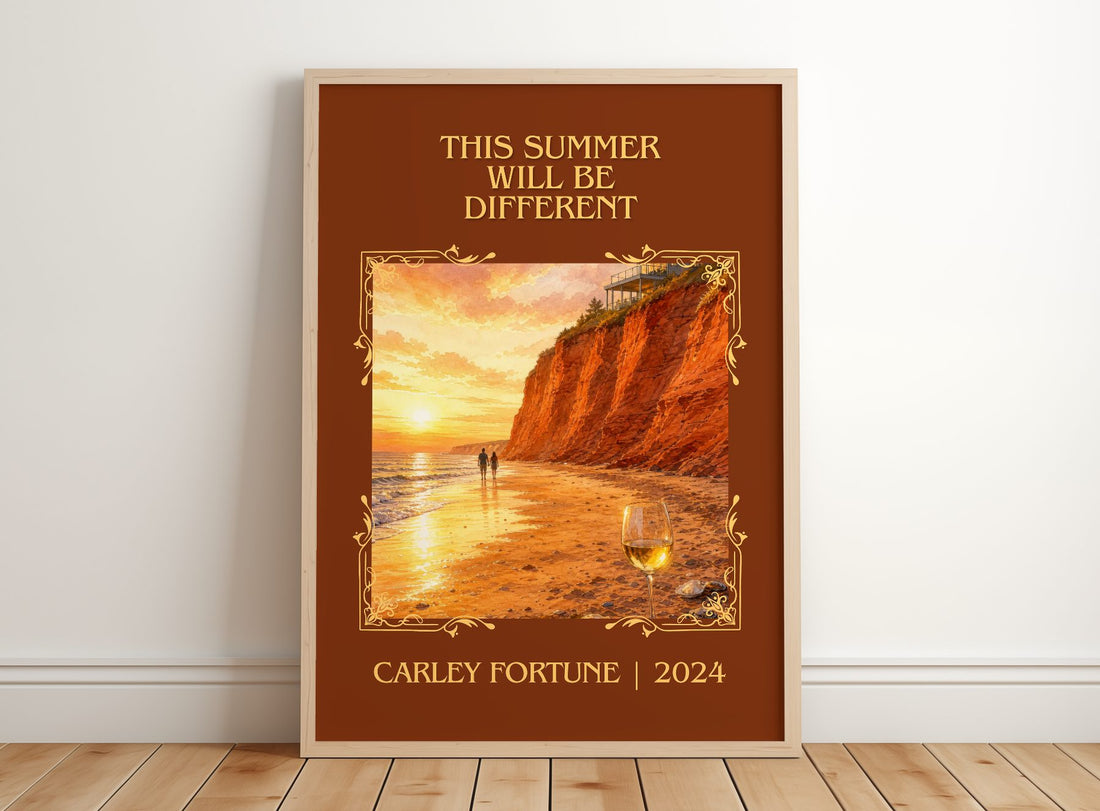 This Summer Will Be Different Classic Book Art Print by Carley Fortune – framed print leaning on a wooden floor