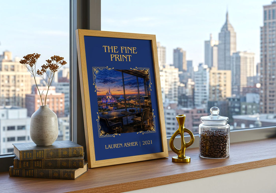 The Fine Print Classic Book Art Print by Lauren Asher – framed print on a city-view windowsill