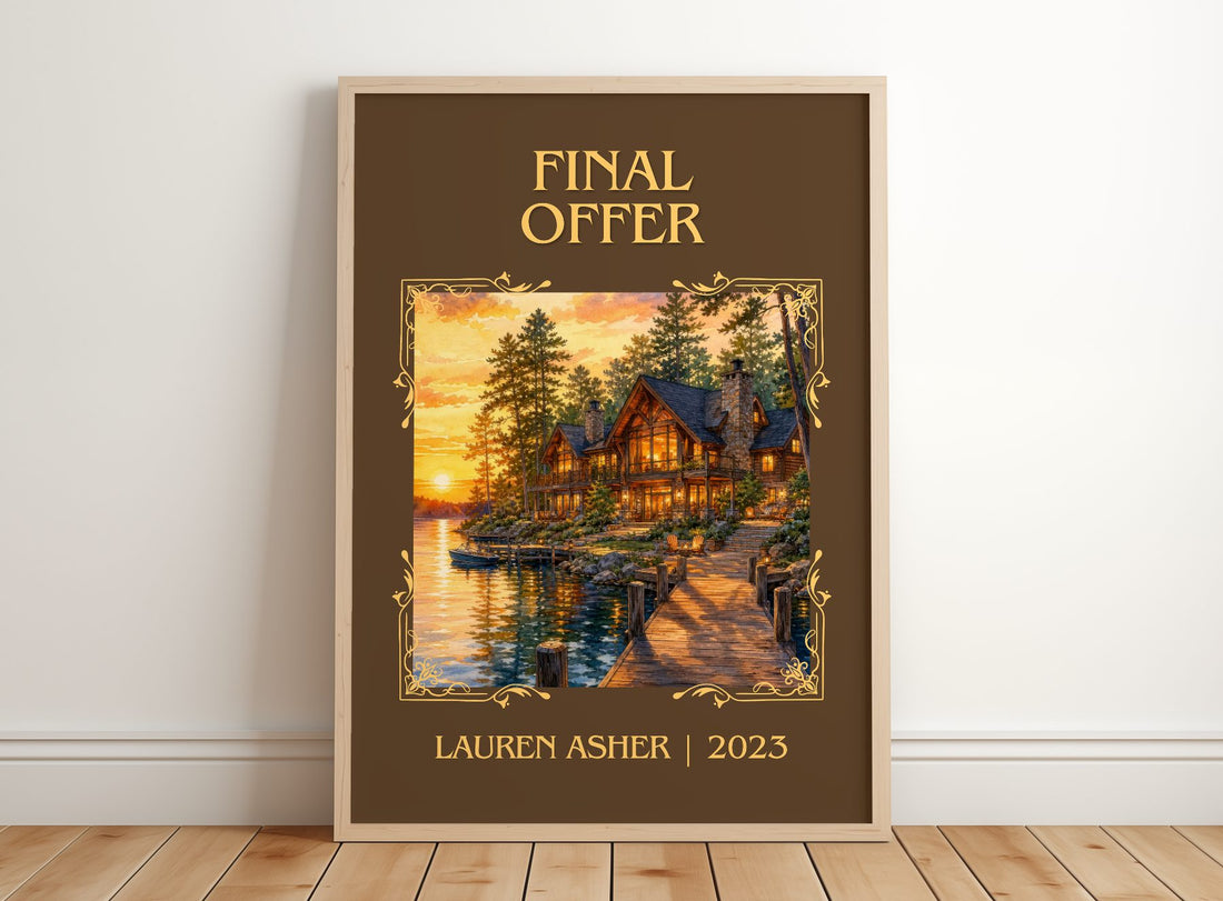 Final Offer Classic Book Art Print by Lauren Asher – framed print leaning on a wooden floor