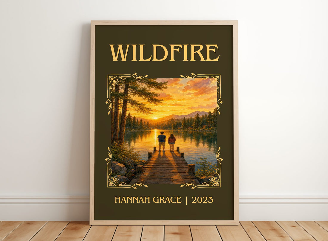 Wildfire Classic Book Art Print by Hannah Grace – framed print leaning on a wooden floor