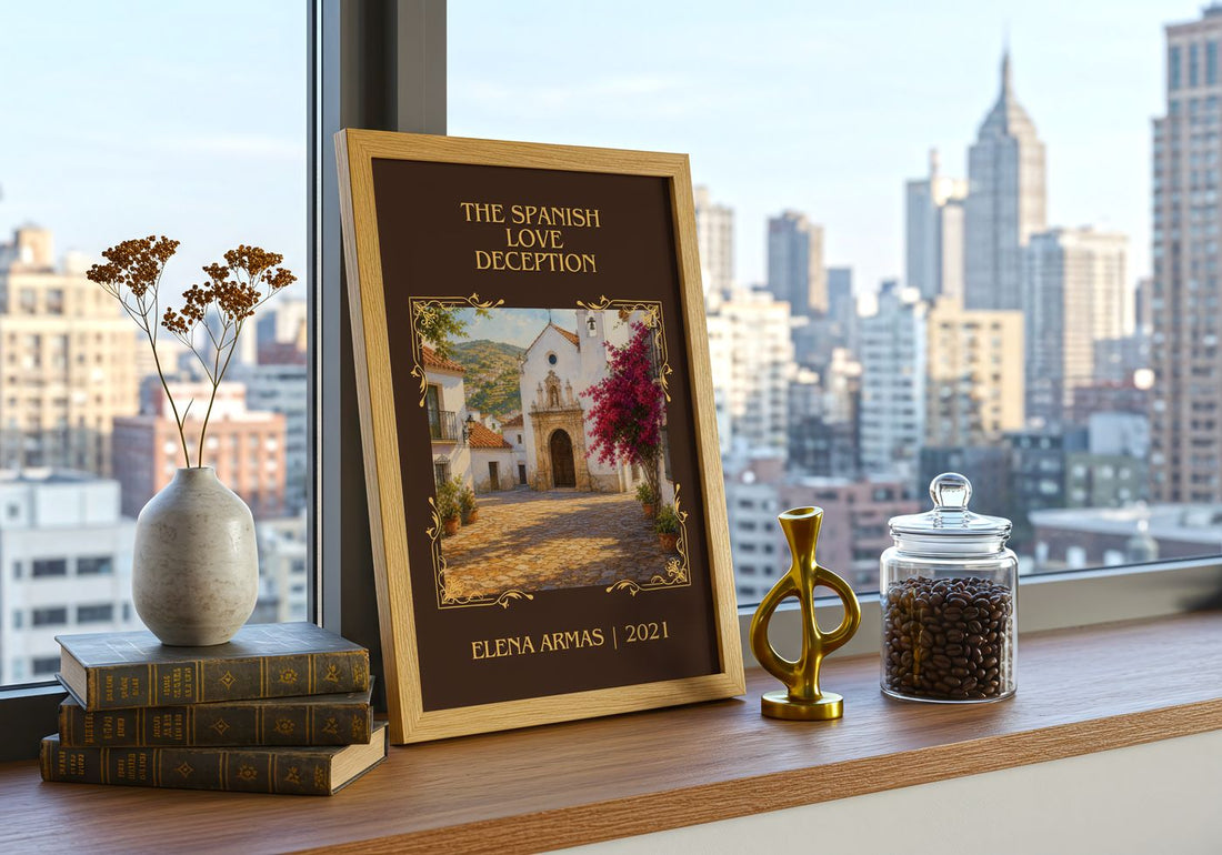 The Spanish Love Deception Classic Book Art Print by Elena Armas – framed print on a city-view windowsill