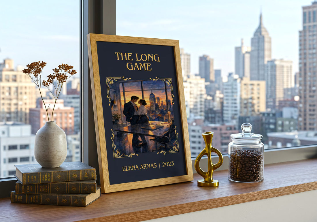 The Long Game Classic Book Art Print by Elena Armas – framed print on a city-view windowsill