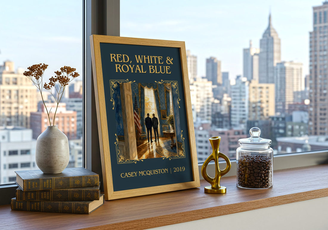 Red, White & Royal Blue Classic Book Art Print by Casey McQuiston – framed print on a city-view windowsill