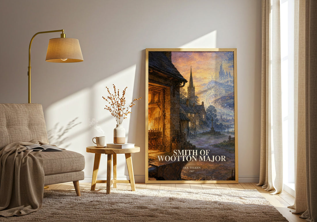 Smith Of Wootton Major watercolour print in frame leaning in hallway – fantasy wall art (mockup)